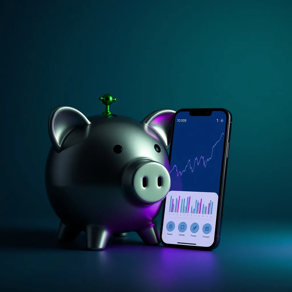A minimalist still life of a metallic piggy bank and a moder