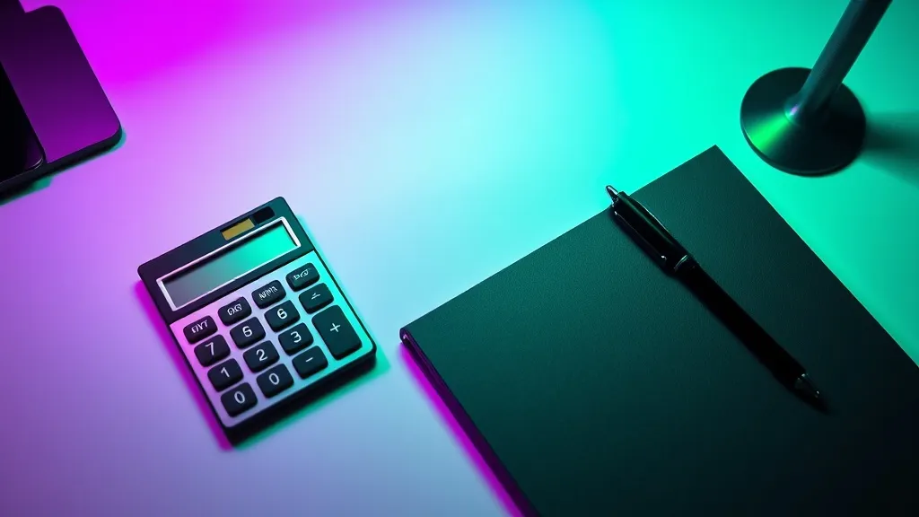 A professional clean desk with a calculator, a dark notebook