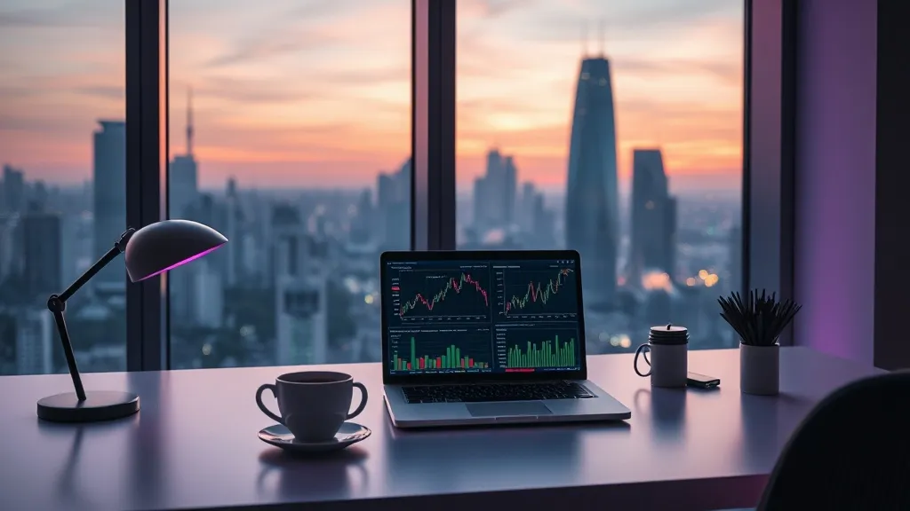 A modern minimalist office desk with a laptop showing financ